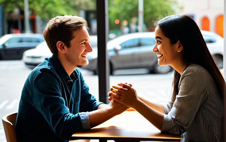 A diverse young adult, female, in modest, contemporary casual attire, engaged in a lively language exchange conversation with a male counterpart of similar age. They are seated at a clean, modern cafe table bathed in soft, natural sunlight. Both subjects maintain warm eye contact, with natural, open gestures indicating deep engagement. The background is slightly blurred, showing a cozy, inviting atmosphere with a hint of warm lighting. The image evokes a sense of genuine connection and mutual learning. Professional photography, high quality, vibrant colors, perfect anatomy, correct proportions, well-formed hands, proper finger count, natural body proportions, fully clothed, appropriate attire, safe for work, appropriate content, family-friendly.