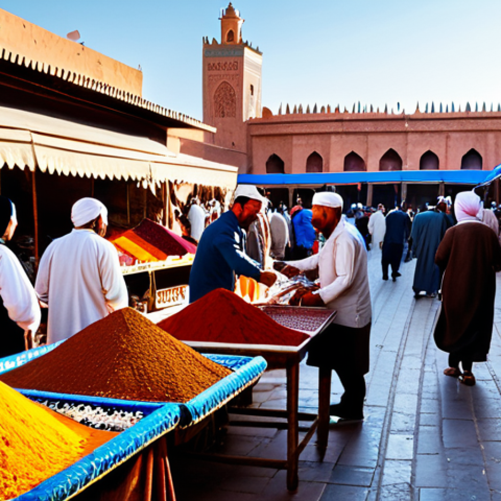 **

A bustling marketplace scene in Marrakech, Morocco. Vendors are selling colorful textiles, spices, and traditional crafts. People are dressed in modest, traditional clothing. In the background, a historic mosque can be seen.  Professional photography, high quality, natural lighting, safe for work, appropriate content, fully clothed, modest, family-friendly.

**