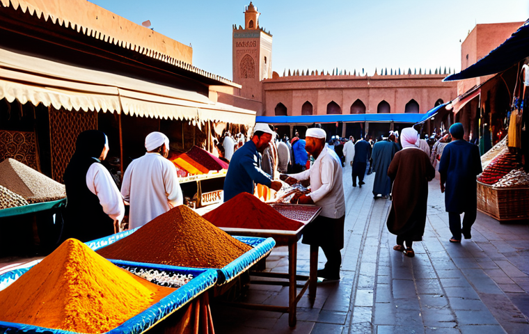 **

A bustling marketplace scene in Marrakech, Morocco. Vendors are selling colorful textiles, spices, and traditional crafts. People are dressed in modest, traditional clothing. In the background, a historic mosque can be seen.  Professional photography, high quality, natural lighting, safe for work, appropriate content, fully clothed, modest, family-friendly.

**