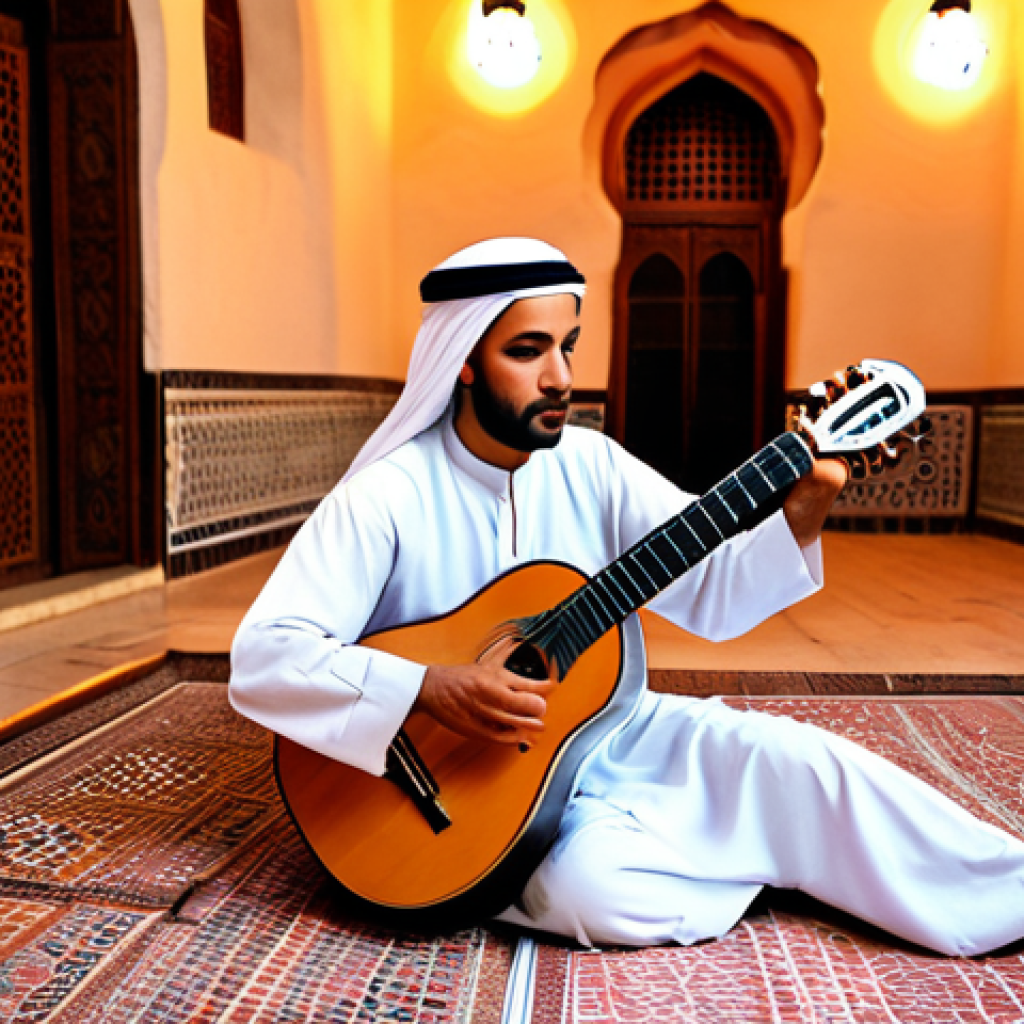 Oud Player in a Traditional Setting**

"A professional oud player, fully clothed in modest traditional Arabian attire, playing the oud in a beautifully decorated Moroccan riad. The scene is bathed in warm, inviting light, showcasing intricate tilework and comfortable cushions. Safe for work, appropriate content, perfect anatomy, correct proportions, natural pose, well-formed hands, proper finger count, natural body proportions, professional photography, high quality, family-friendly."

**