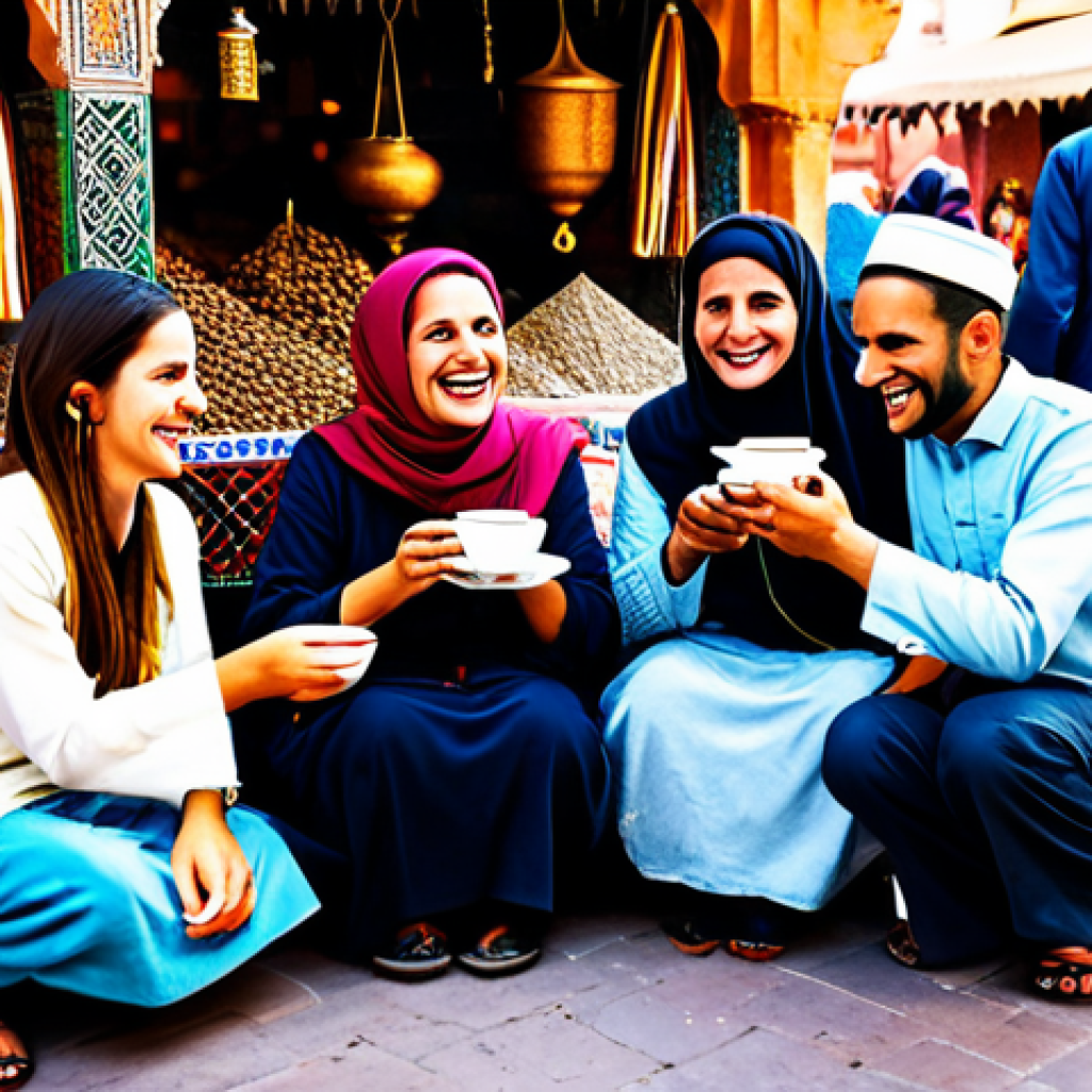 **

A group of friends, fully clothed in traditional Arab dress, laughing together while drinking tea outdoors.  The setting is a vibrant, bustling marketplace in Marrakech, Morocco, with colorful textiles and spices on display.  Safe for work, appropriate content, modest attire, family-friendly, perfect anatomy, natural proportions, professional photography, high quality.

**