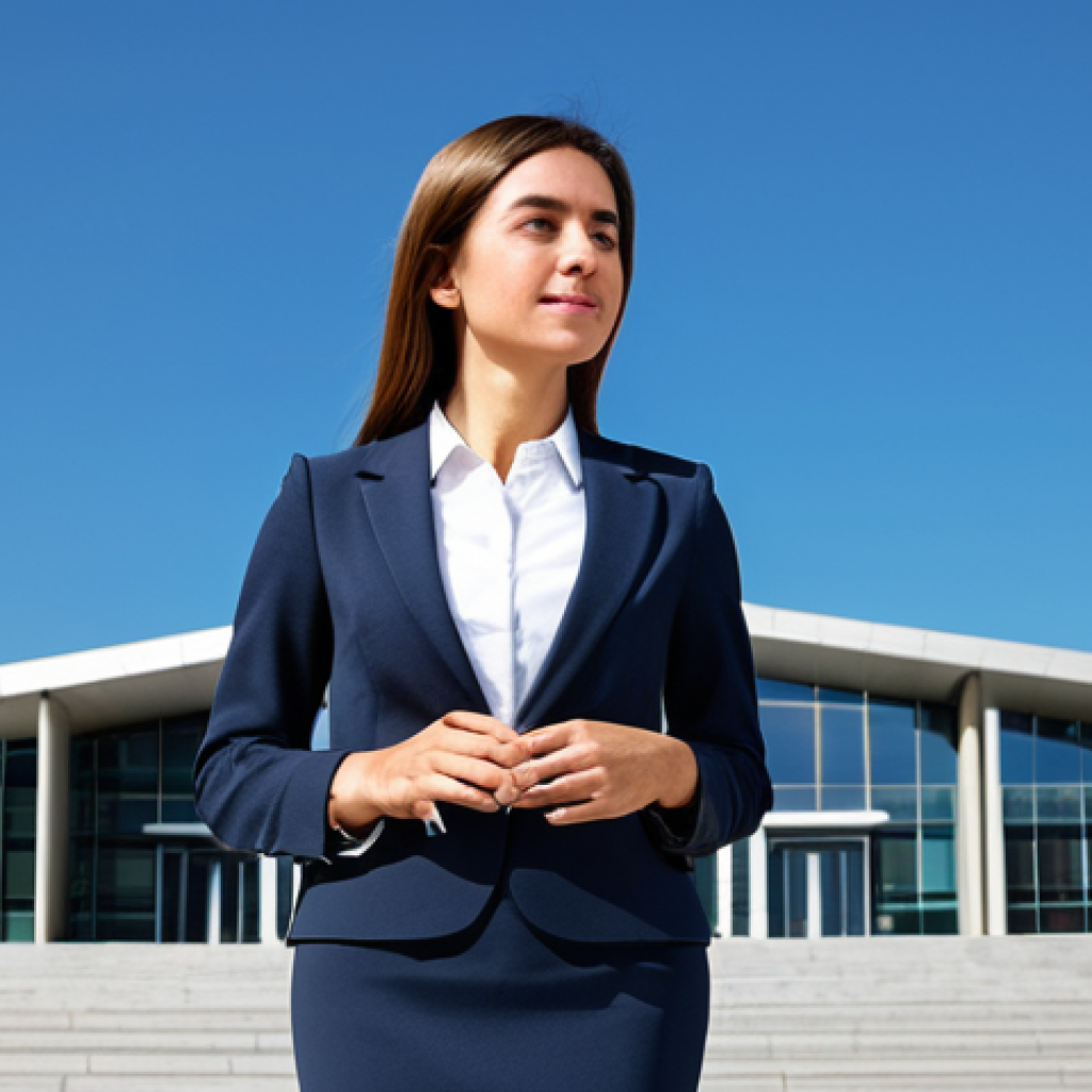 ** A professional businesswoman in Madrid, Spain, wearing a tailored, modest business suit (skirt and jacket), standing in front of a modern office building during daylight hours. Clear sky, perfect anatomy, well-formed hands, proper finger count, natural pose, professional photography, high quality, safe for work, appropriate content, fully clothed, professional.

**