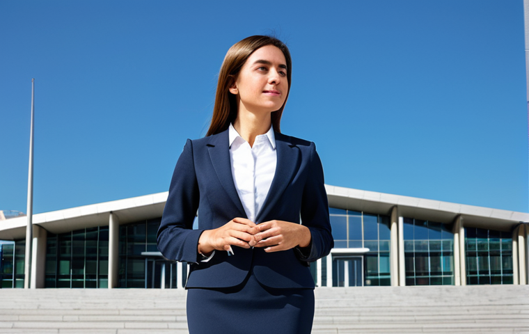 ** A professional businesswoman in Madrid, Spain, wearing a tailored, modest business suit (skirt and jacket), standing in front of a modern office building during daylight hours. Clear sky, perfect anatomy, well-formed hands, proper finger count, natural pose, professional photography, high quality, safe for work, appropriate content, fully clothed, professional.

**