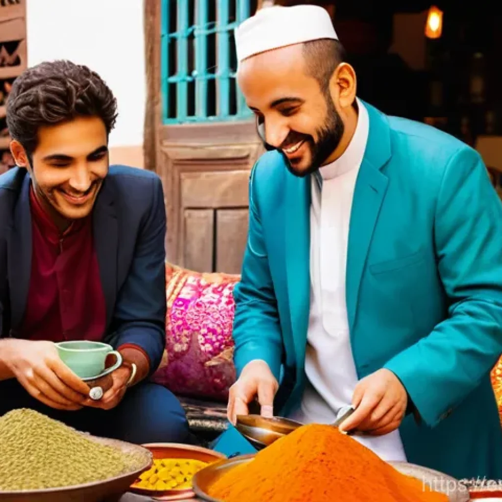 아랍어 비즈니스 표현 - **Prompt 1: Warm Hospitality in a Moroccan Souk**
    "A vibrant and bustling Moroccan souk, filled ...