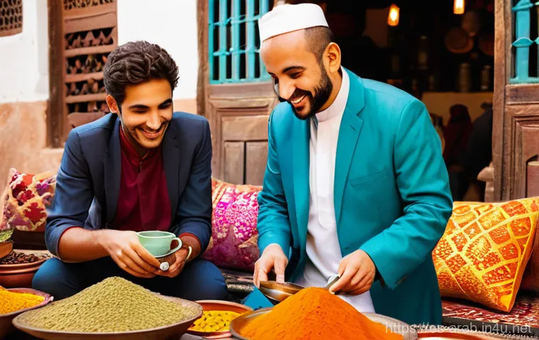 아랍어 비즈니스 표현 - **Prompt 1: Warm Hospitality in a Moroccan Souk**
    "A vibrant and bustling Moroccan souk, filled ...