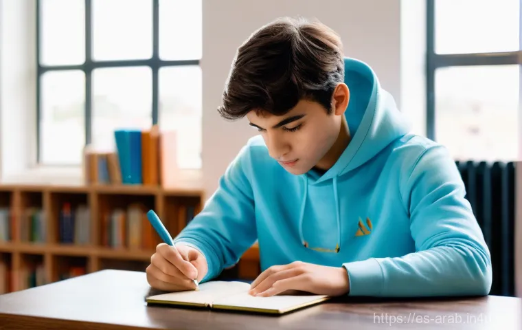 아랍어 독학 방법 - **Prompt:** A young man, aged 22, with short brown hair, wearing a comfortable light blue hoodie, is...