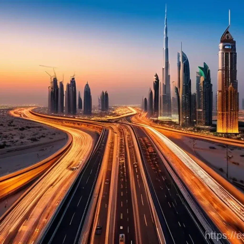 아랍어권에서의 교통 문화 - **"A breathtaking aerial view of an impeccably paved, multi-lane highway winding through the modern ...