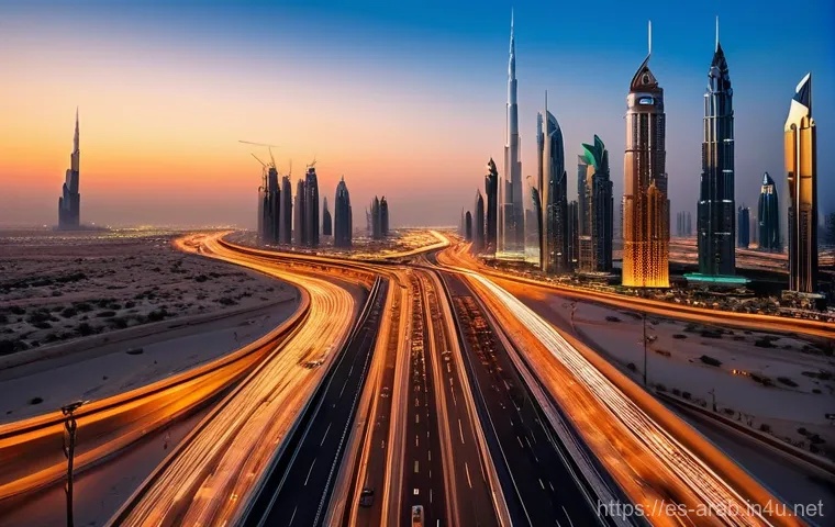 아랍어권에서의 교통 문화 - **"A breathtaking aerial view of an impeccably paved, multi-lane highway winding through the modern ...