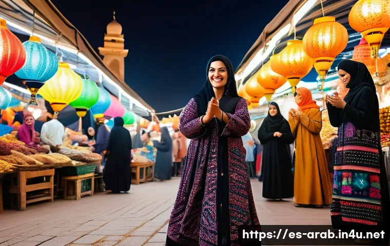 아랍어권에서의 틱톡 인기 영상 - A vibrant scene featuring a young Arab woman performing a modernized dabke dance in a bustling outdo...