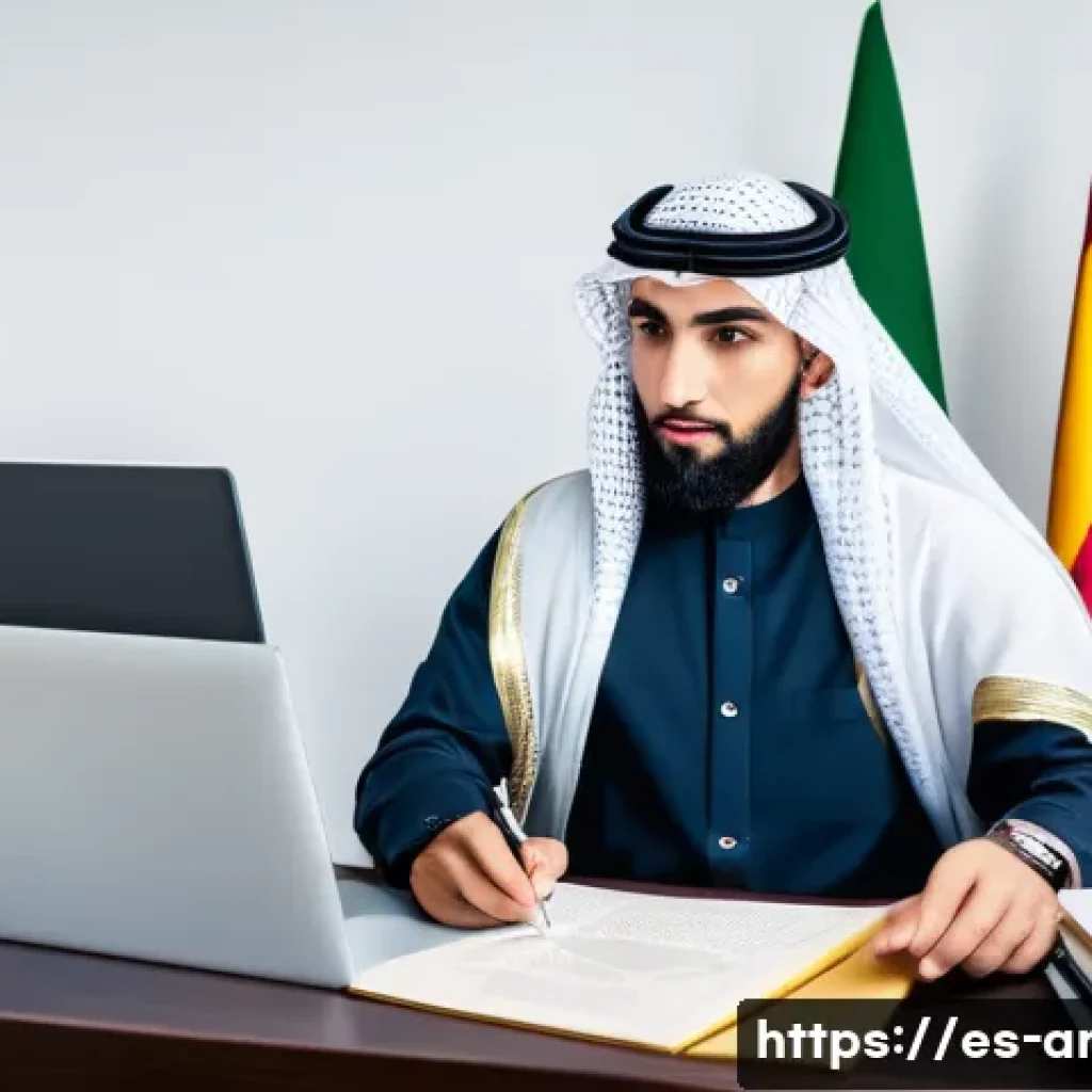 아랍어 뉴스 번역 - A professional Arabic-Spanish translator working at a modern desk surrounded by cultural artifacts f...