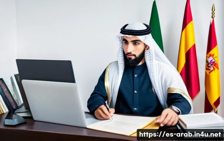 아랍어 뉴스 번역 - A professional Arabic-Spanish translator working at a modern desk surrounded by cultural artifacts f...