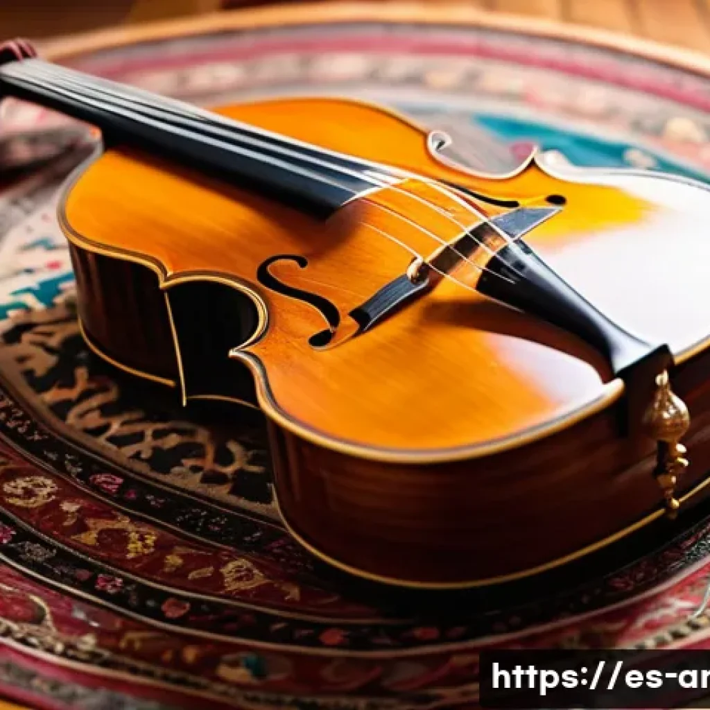 아랍어 음악 추천 - A detailed close-up of an oud resting on an ornate wooden table, showcasing its short fretless neck,...