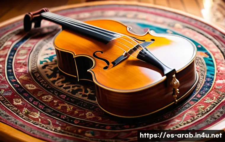 아랍어 음악 추천 - A detailed close-up of an oud resting on an ornate wooden table, showcasing its short fretless neck,...