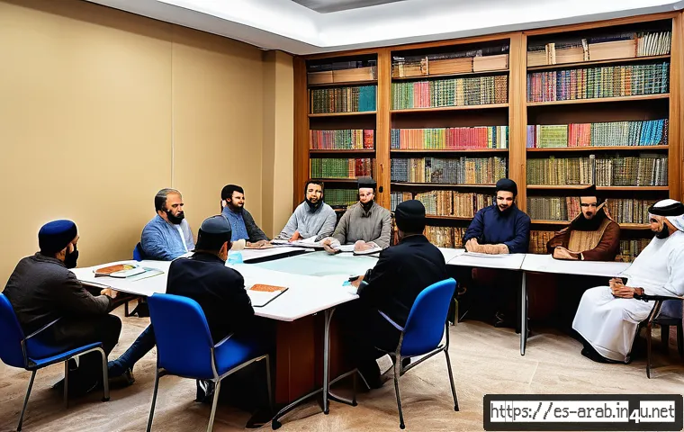 아랍어 코란 해석 - A vibrant, detailed scene of a multicultural seminar room filled with diverse Spanish-speaking parti...