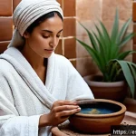 아랍어권에서의 뷰티 제품 추천 - A serene Moroccan hammam scene featuring a traditional steam room with intricate mosaic tiles in war...