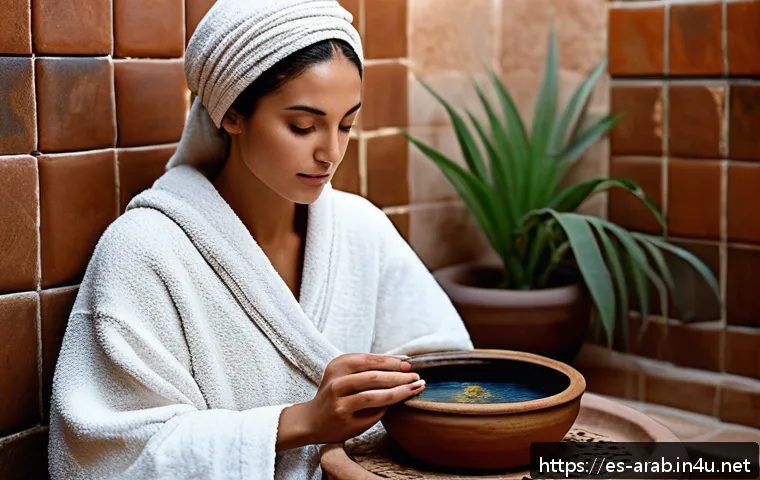 아랍어권에서의 뷰티 제품 추천 - A serene Moroccan hammam scene featuring a traditional steam room with intricate mosaic tiles in war...