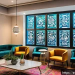 아랍어권에서의 스타트업 트렌드 - A vibrant modern Arab fintech startup office interior, featuring diverse young professionals collabo...