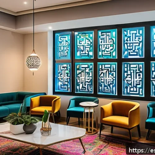 아랍어권에서의 스타트업 트렌드 - A vibrant modern Arab fintech startup office interior, featuring diverse young professionals collabo...