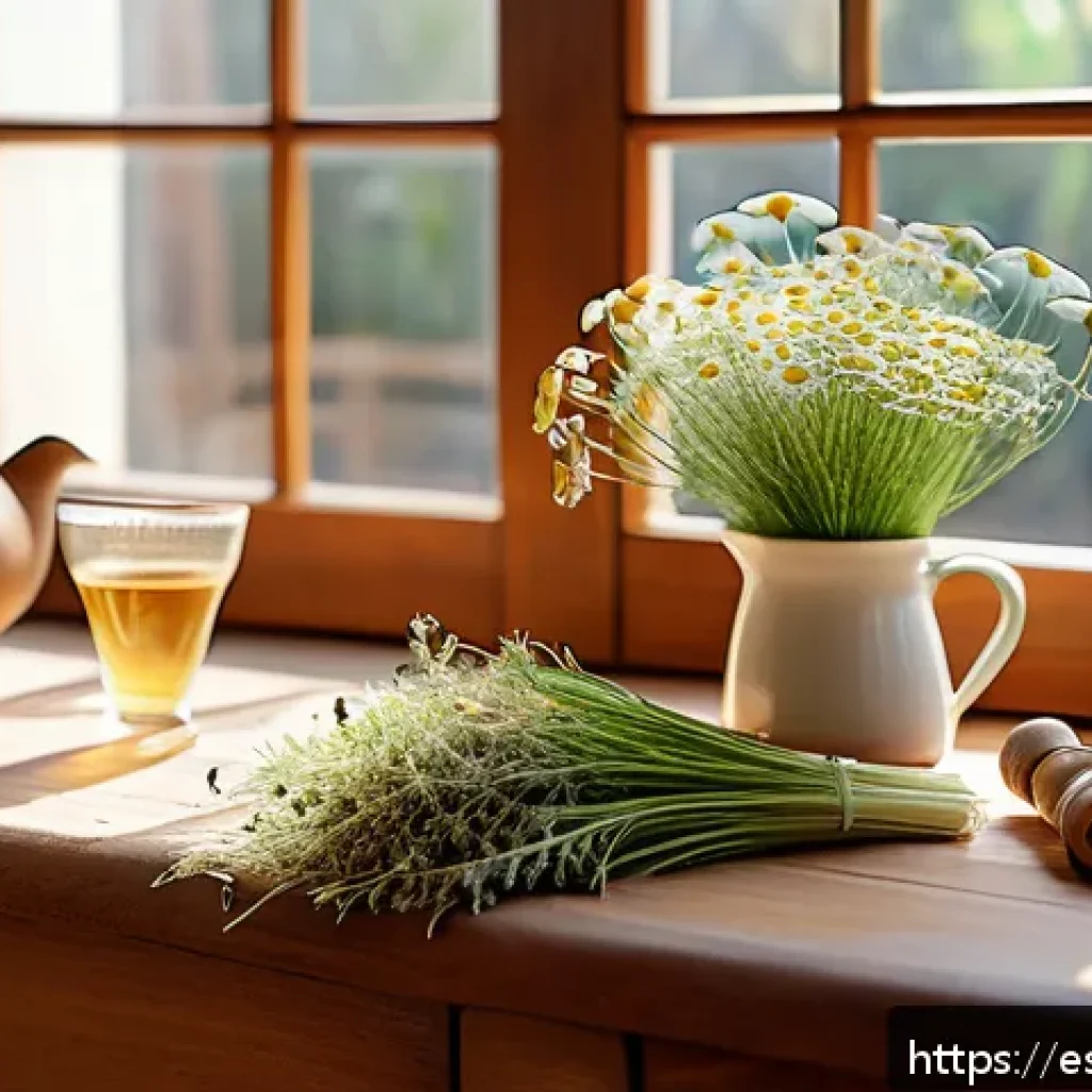 아랍어권에서의 전통 치료법 - A serene scene of a cozy kitchen in a sunny Spanish home, featuring a wooden table with a steaming c...