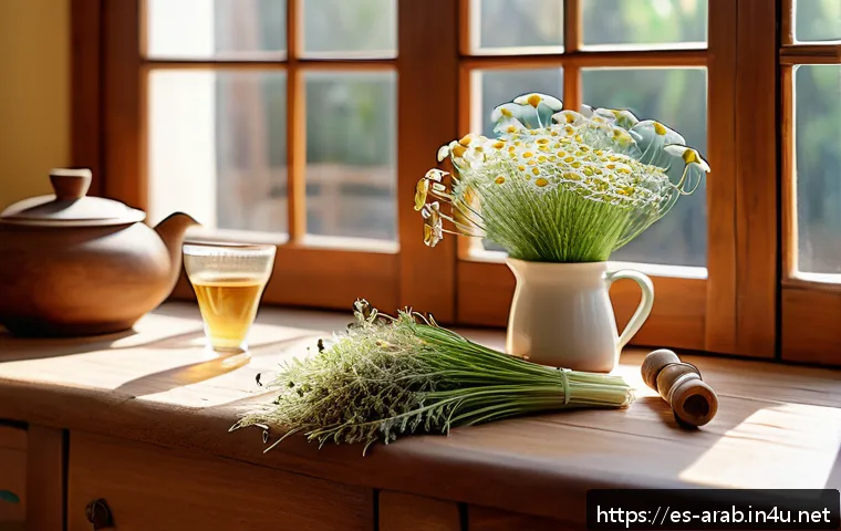아랍어권에서의 전통 치료법 - A serene scene of a cozy kitchen in a sunny Spanish home, featuring a wooden table with a steaming c...