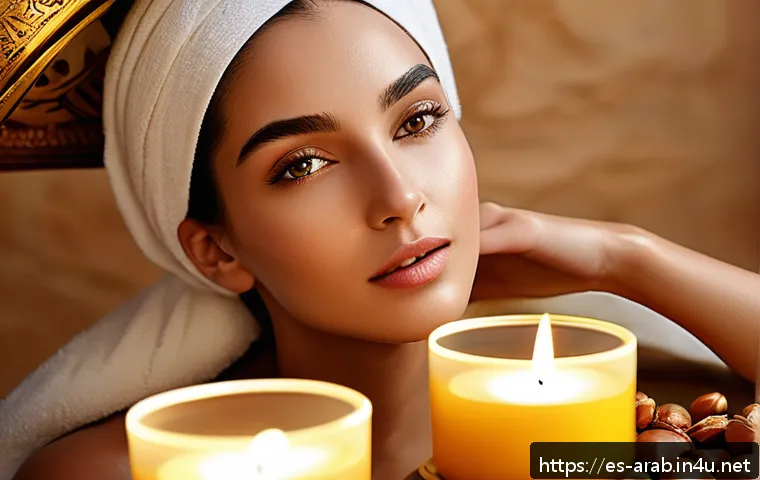 아랍어권에서의 미용 트렌드 - A serene Middle Eastern beauty spa scene featuring a female model with glowing, hydrated skin applyi...