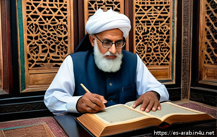 아랍어와 우르두어 유사점 - A detailed scene of a traditional South Asian scholar&rsquo;s study room blending Arabic and Urdu cultural...
