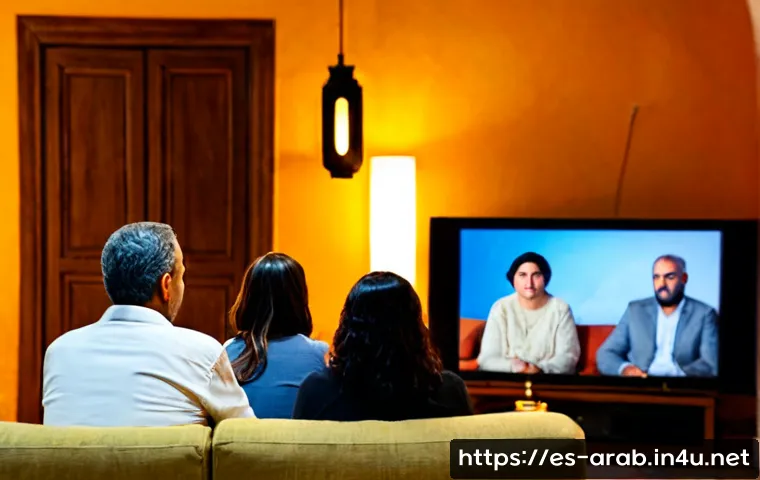 Home 17 아랍어권에서 인기 있는 TV 프로그램 - Photorealistic cozy family living room in a Spanish-speaking household, three generations seated tog...