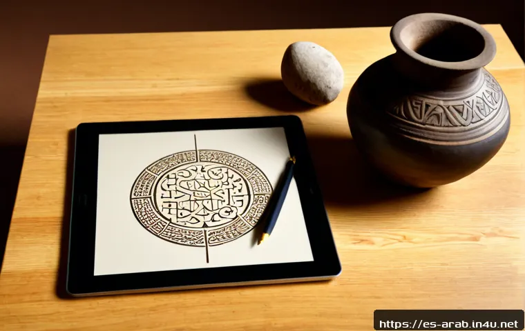 아랍어 변천사 - Photorealistic museum-style still life illustrating the evolution of Arabic culture and language: an...