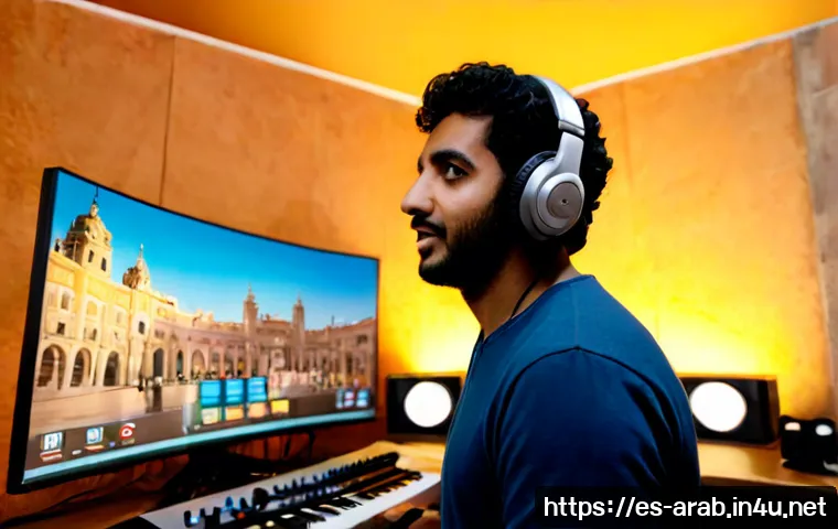 아랍어 더빙 애니메이션 - Photorealistic recording studio in Madrid, a Spanish-speaking Arab voice actor wearing headphones an...