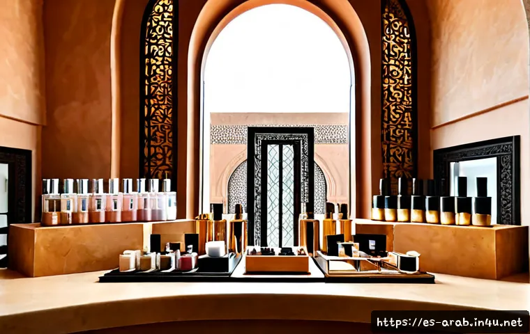 아랍어권에서의 화장품 브랜드 - Photorealistic luxury cosmetics display in an elegant Middle Eastern beauty boutique, unbranded glas...